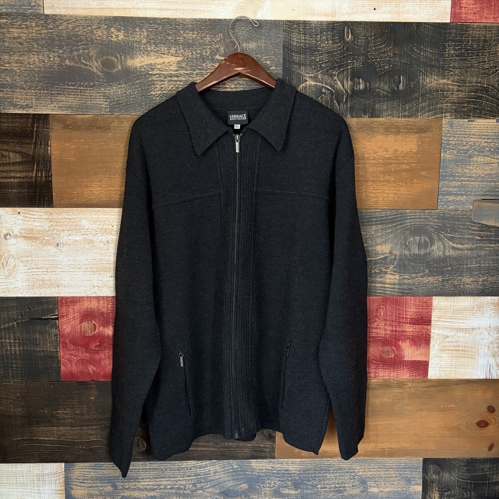 Vintage Versace Jeans Couture All Wool Full Zip Jacket Sweater Gray 90s 2XL